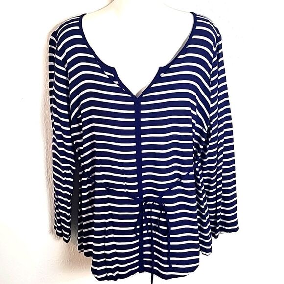 Oh Baby Maternity Top, Navy & White Stripes with Tie Belt, Size Large - Picture 1 of 8